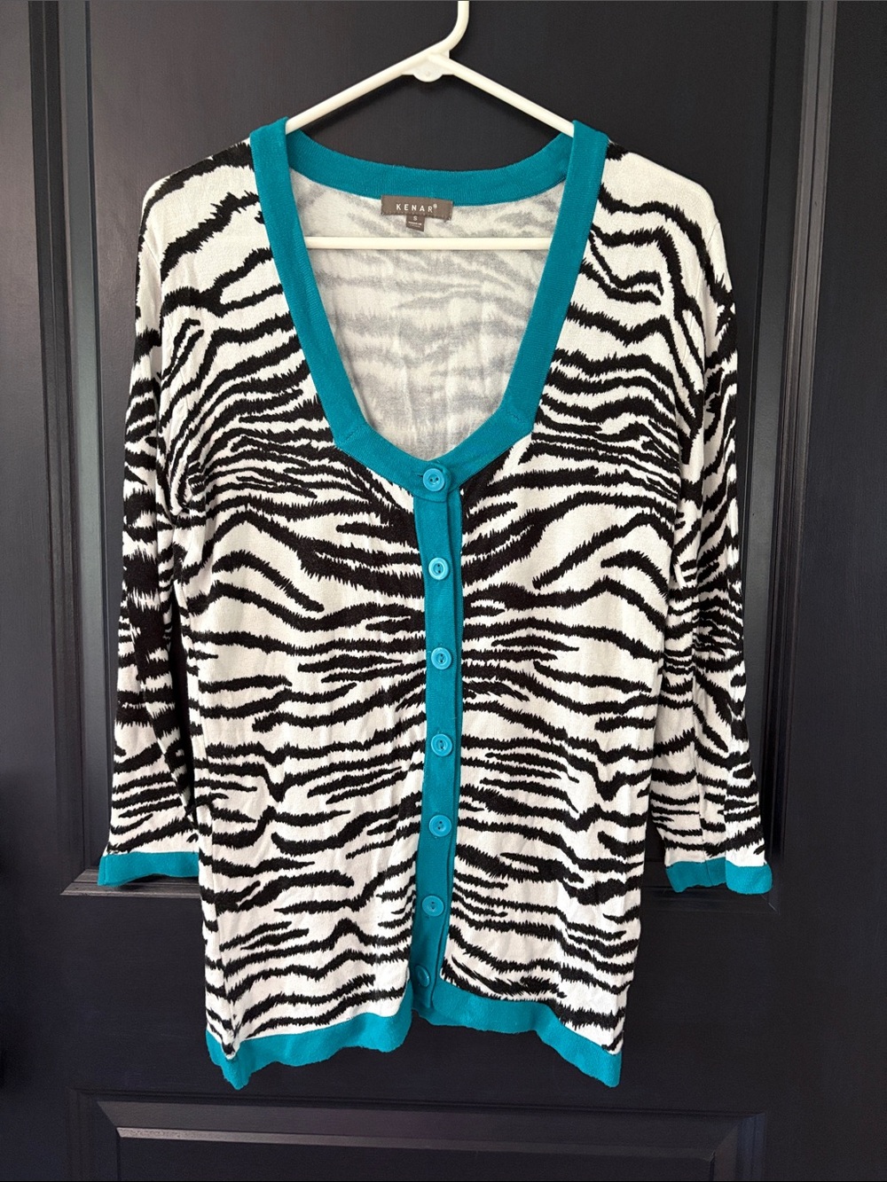 Kenar Zebra-Print Cardigan with Teal Trim Small